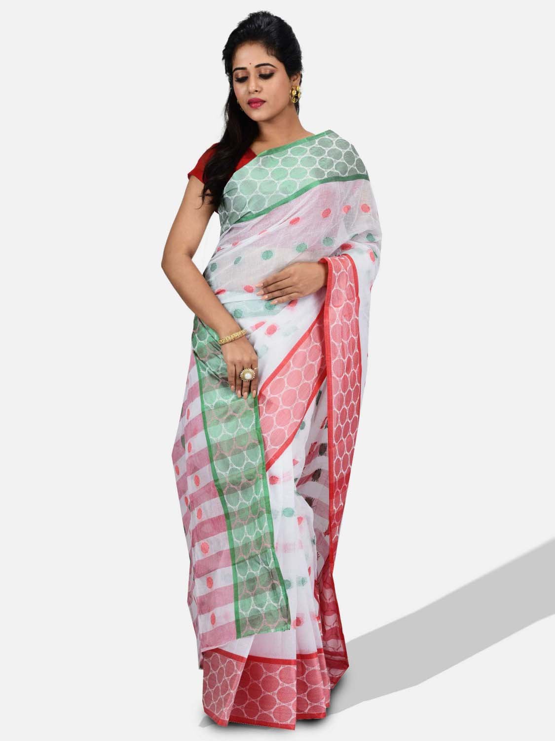 DESH BIDESH - Pure Cotton Tricolour Saree – Cotton Handloom and Jori Fancy Work –" Ganga Jamuna" Color Jori Work Border (Red White Green)